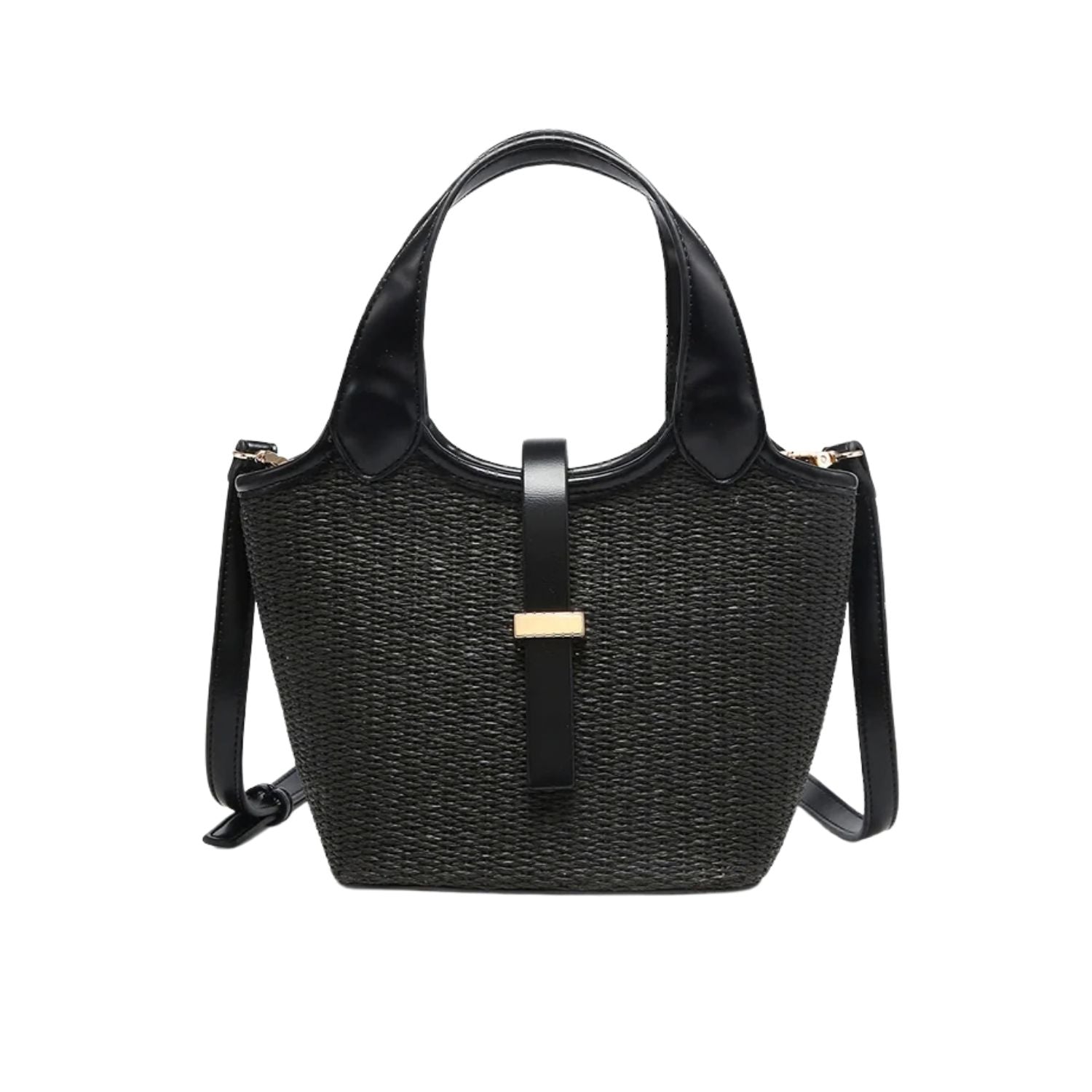 Black woven handbag with leather straps 