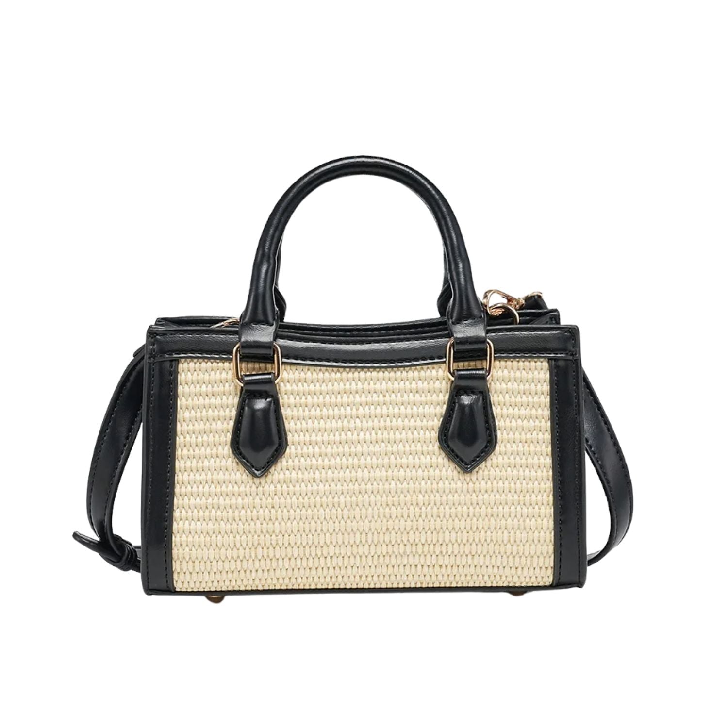Black and beige handbag with straw texture 