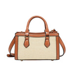 Handbag with straw-like texture and brown leather accents 