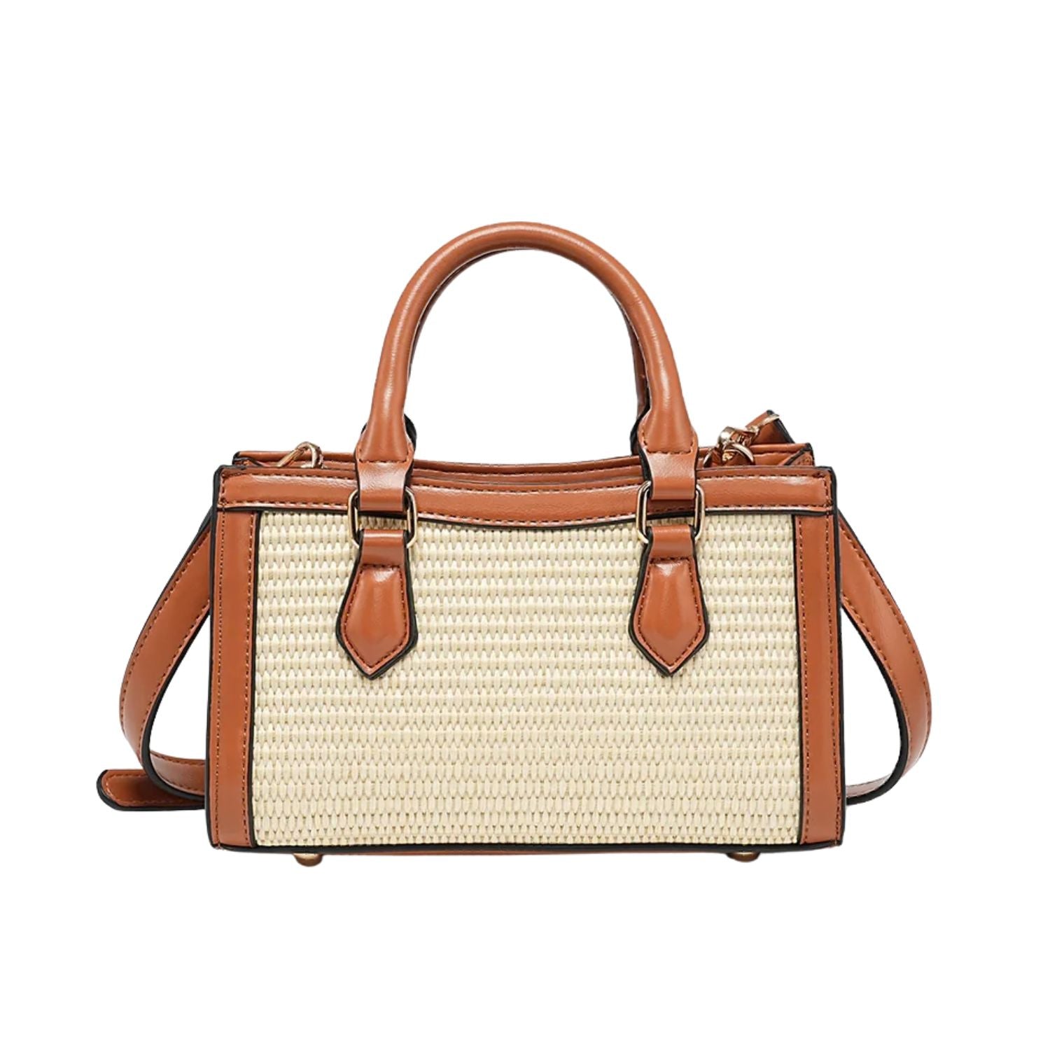 Handbag with straw-like texture and brown leather accents 