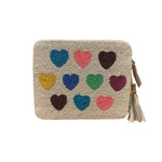Beige pouch with colorful heart patterns 