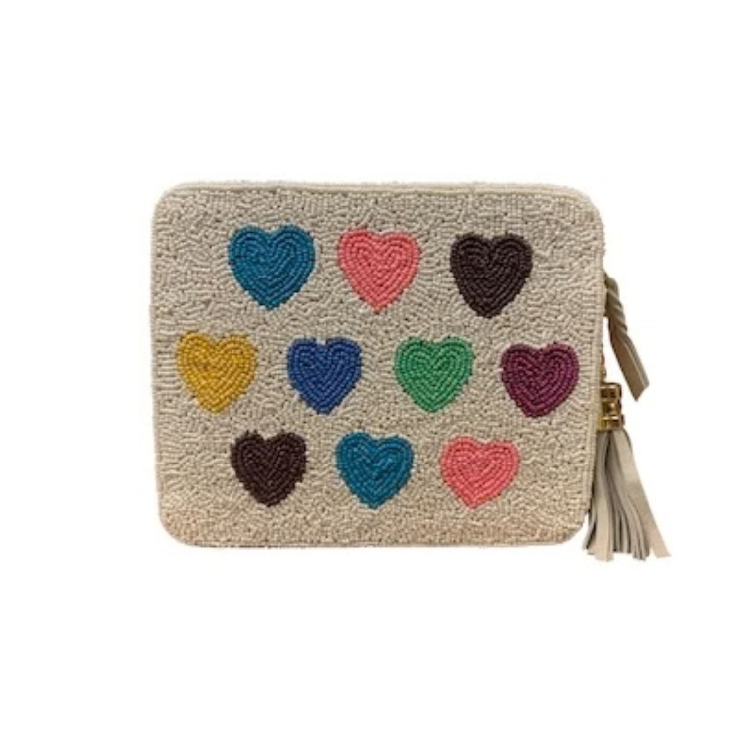Beige pouch with colorful heart patterns 