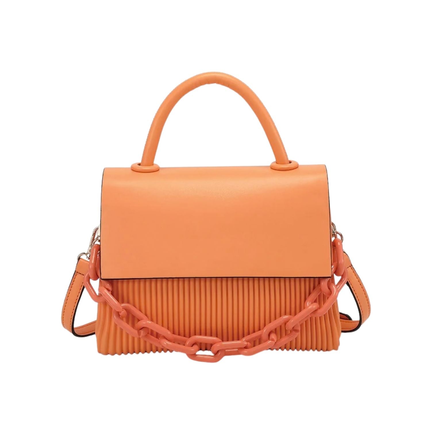 Orange handbag with a chain detail, hand strap and shoulder strap