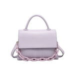 Lavender handbag with a chain detail, hand strap and shoulder strap