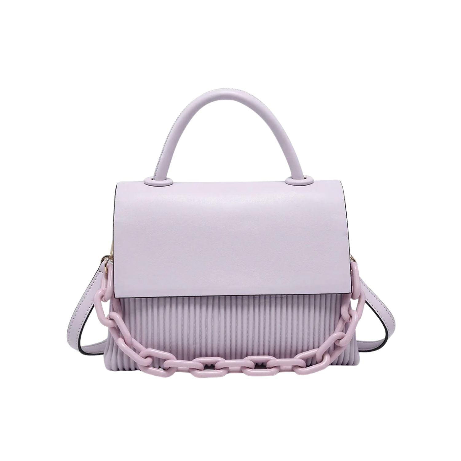 Lavender handbag with a chain detail, hand strap and shoulder strap