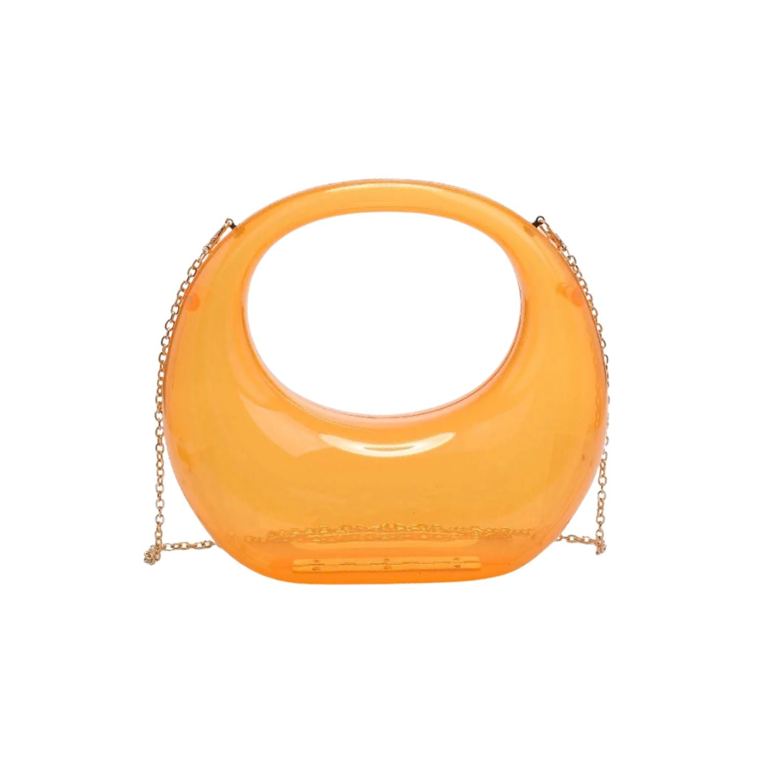 Transparent orange circular acrylic handbag with a gold chain strap