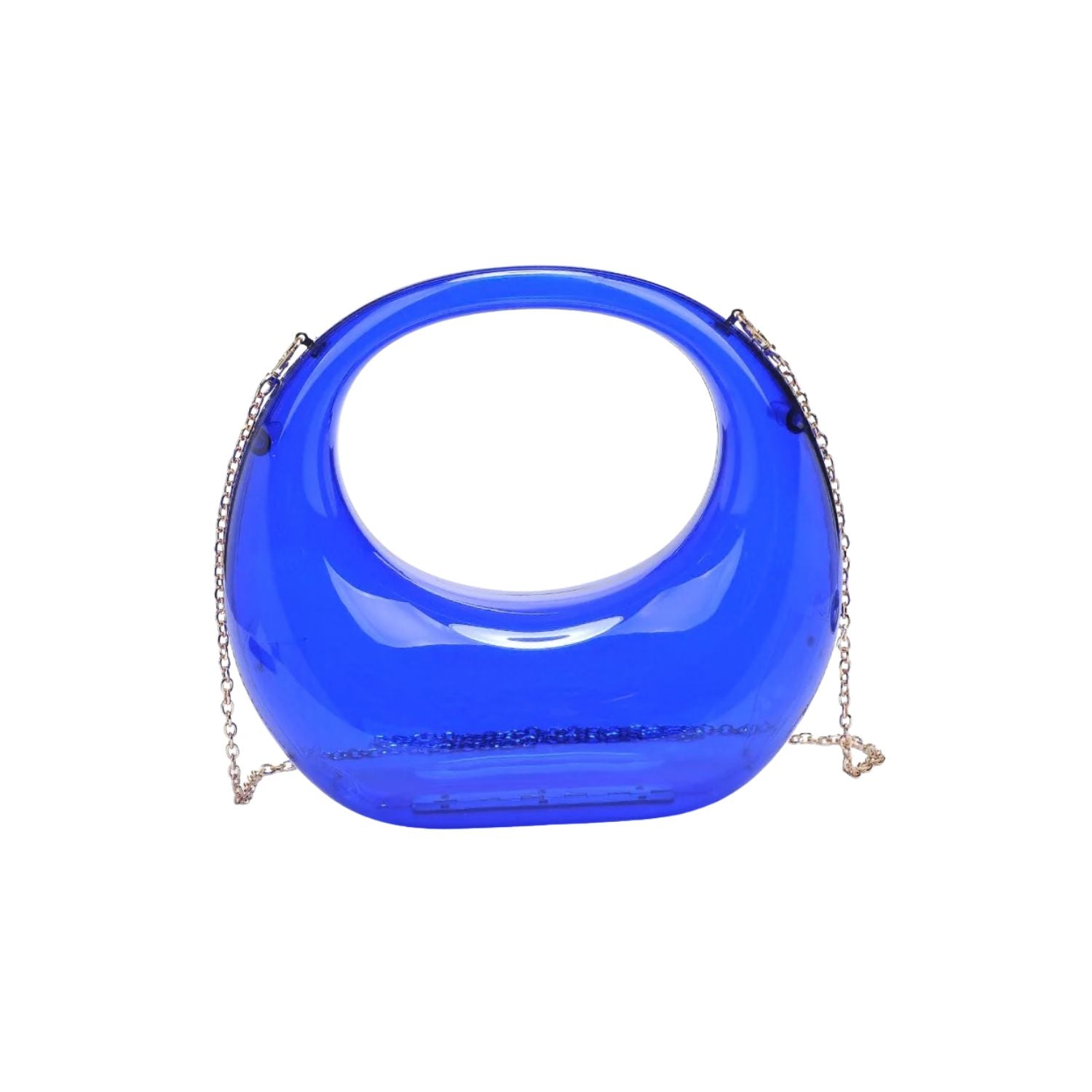 Transparent blue circular acrylic handbag with a gold chain strap