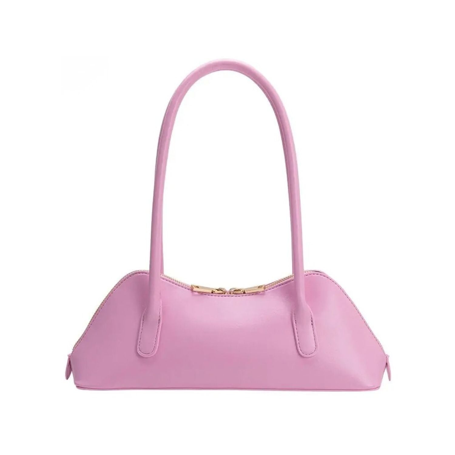 Pink handbag with a gold zipper and pink hand strap