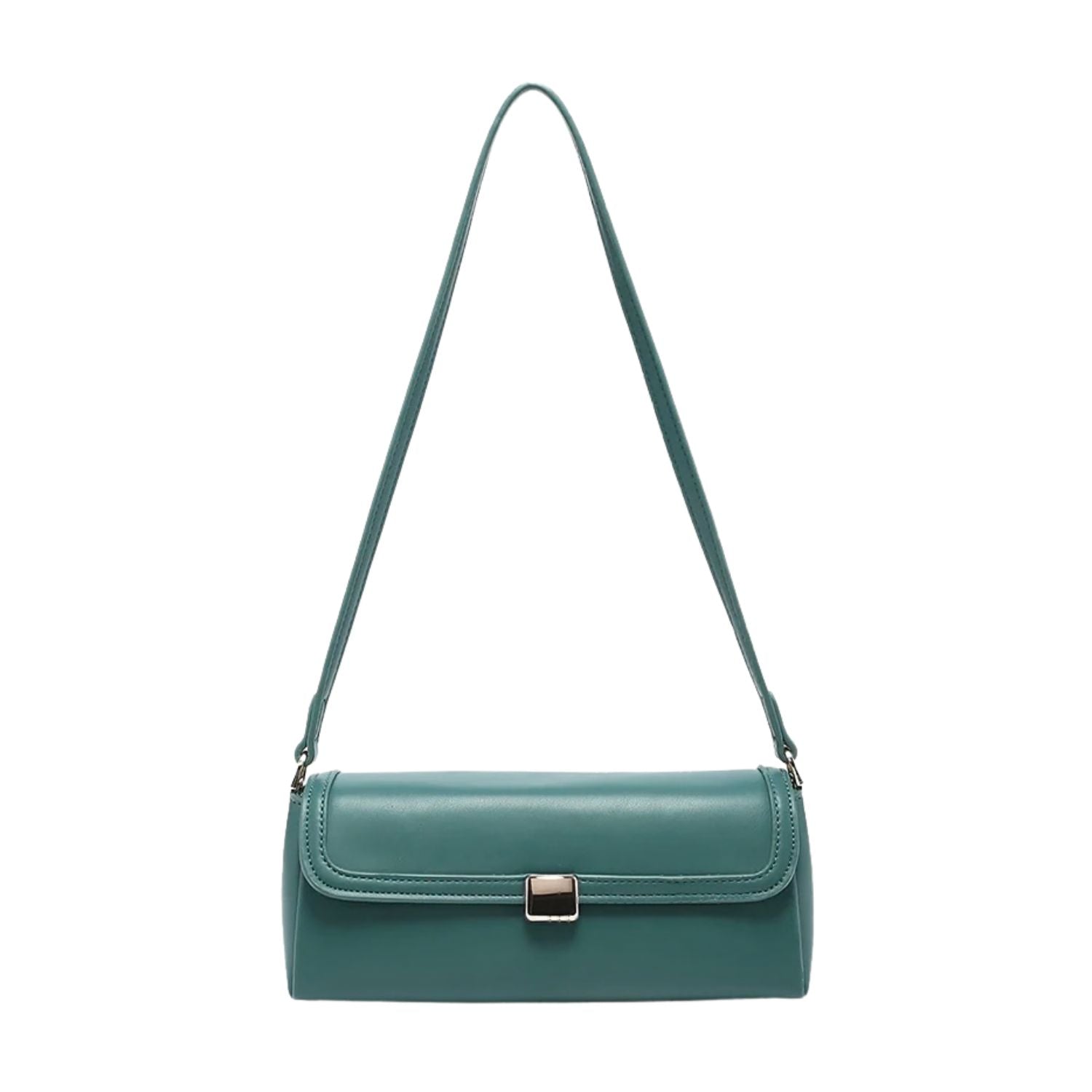 Green handbag with a strap and brass clasp
