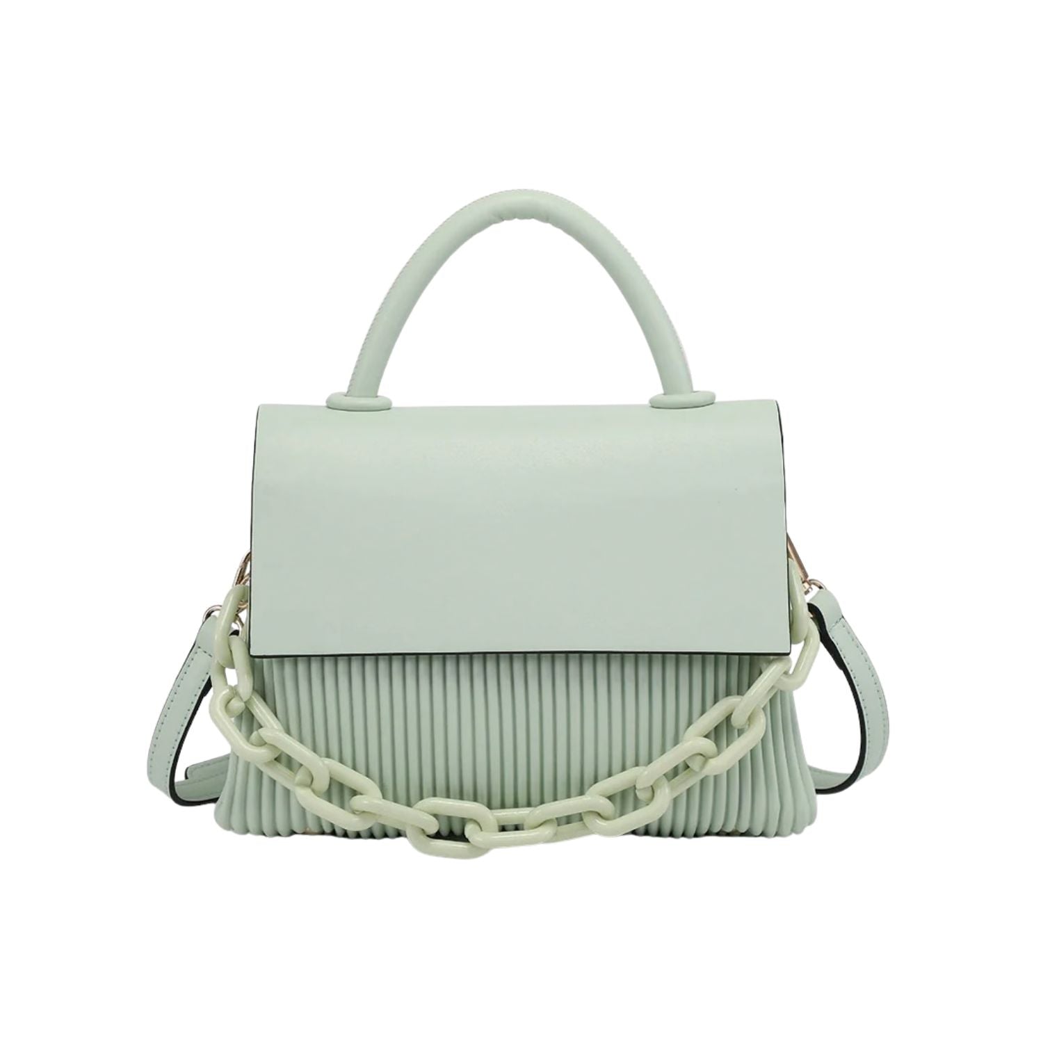 Light green handbag with a chain detail, hand strap and shoulder strap