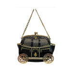 Decorative vintage carriage handbag with wheels and a chain strap