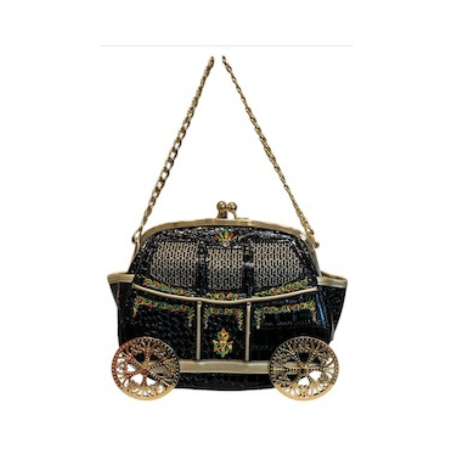 Decorative vintage carriage handbag with wheels and a chain strap