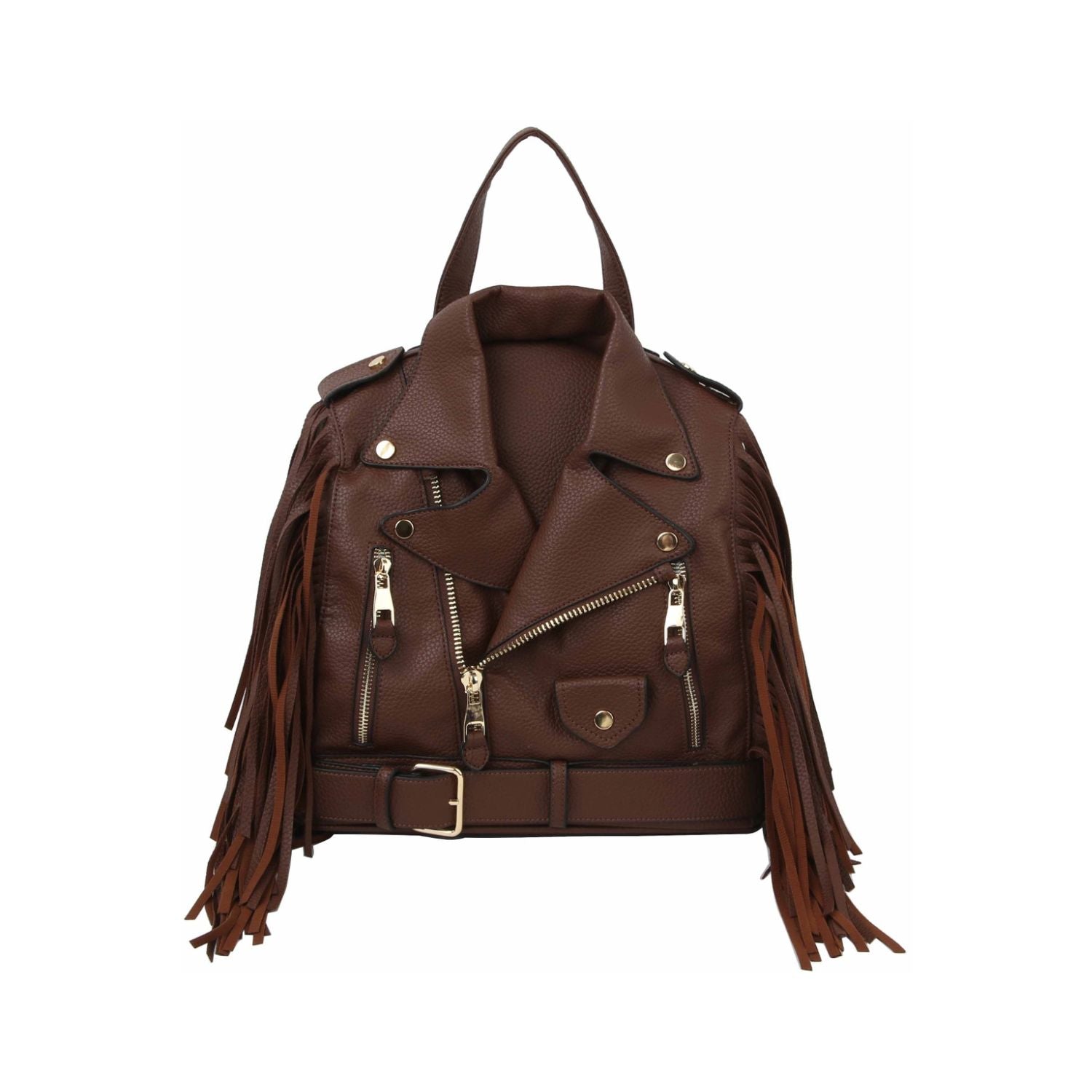 Brown leatherjacket handbag with fringe details