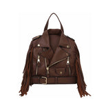 Brown leatherjacket handbag with fringe details