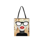 Tote bag with a face design featuring glasses and red lips