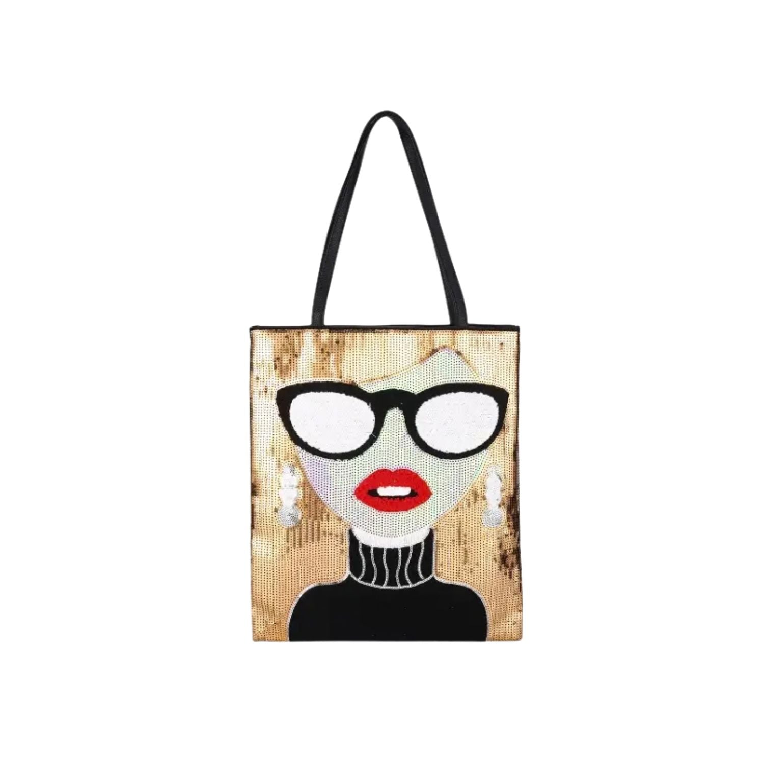 Tote bag with a face design featuring glasses and red lips