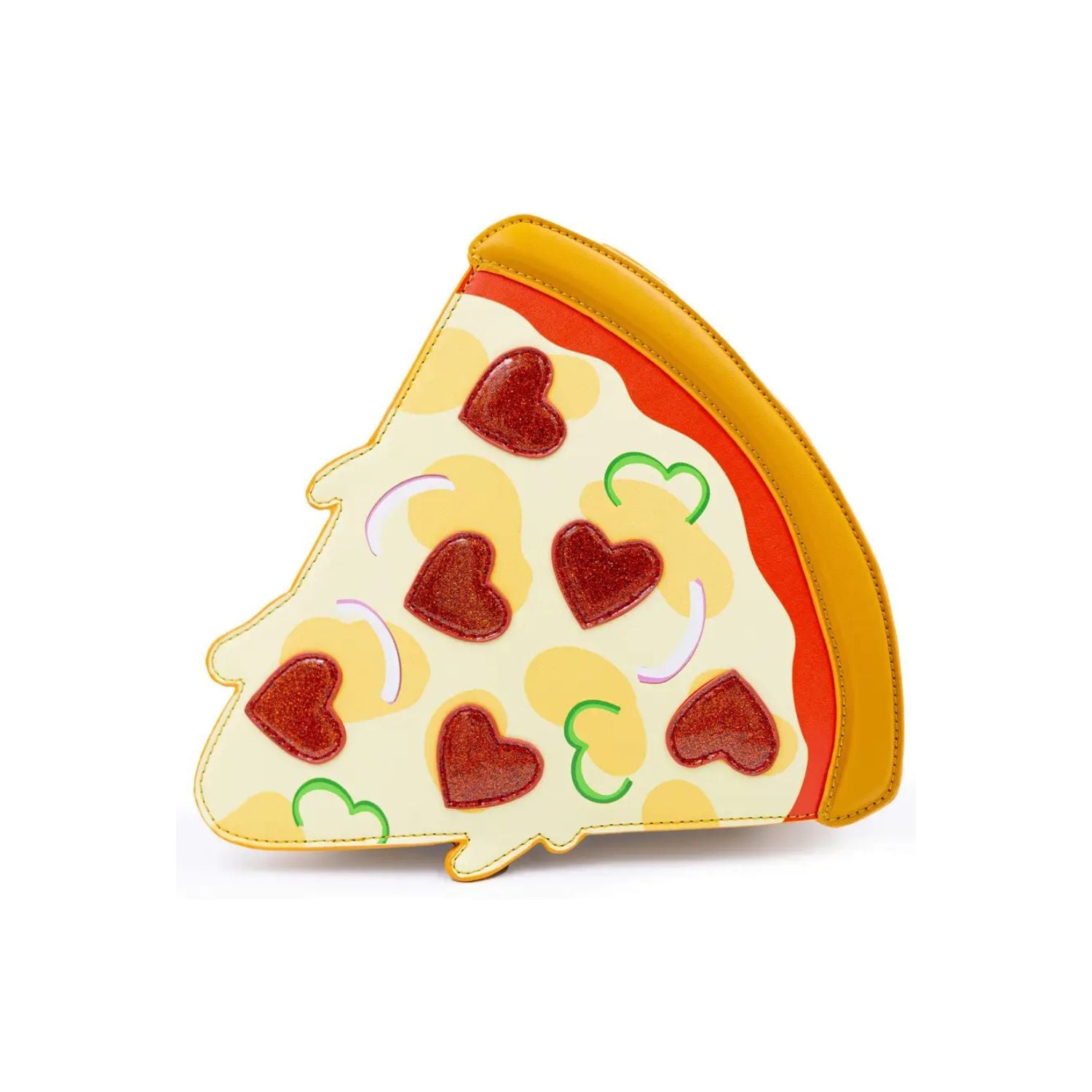 Pizza-shaped clutch with pepperoni heart toppings