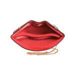 Red lip-shaped clutch bag with a gold chain 