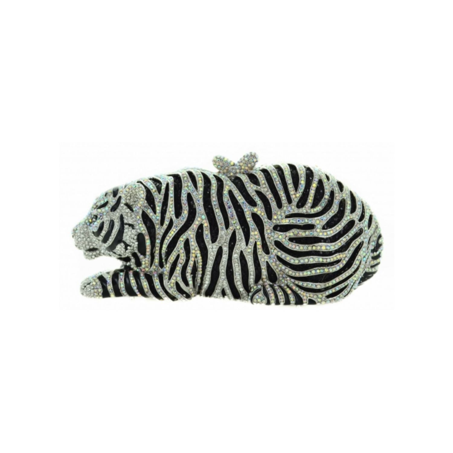 Tiger-patterned clutch bag with rhinestone embellishments 