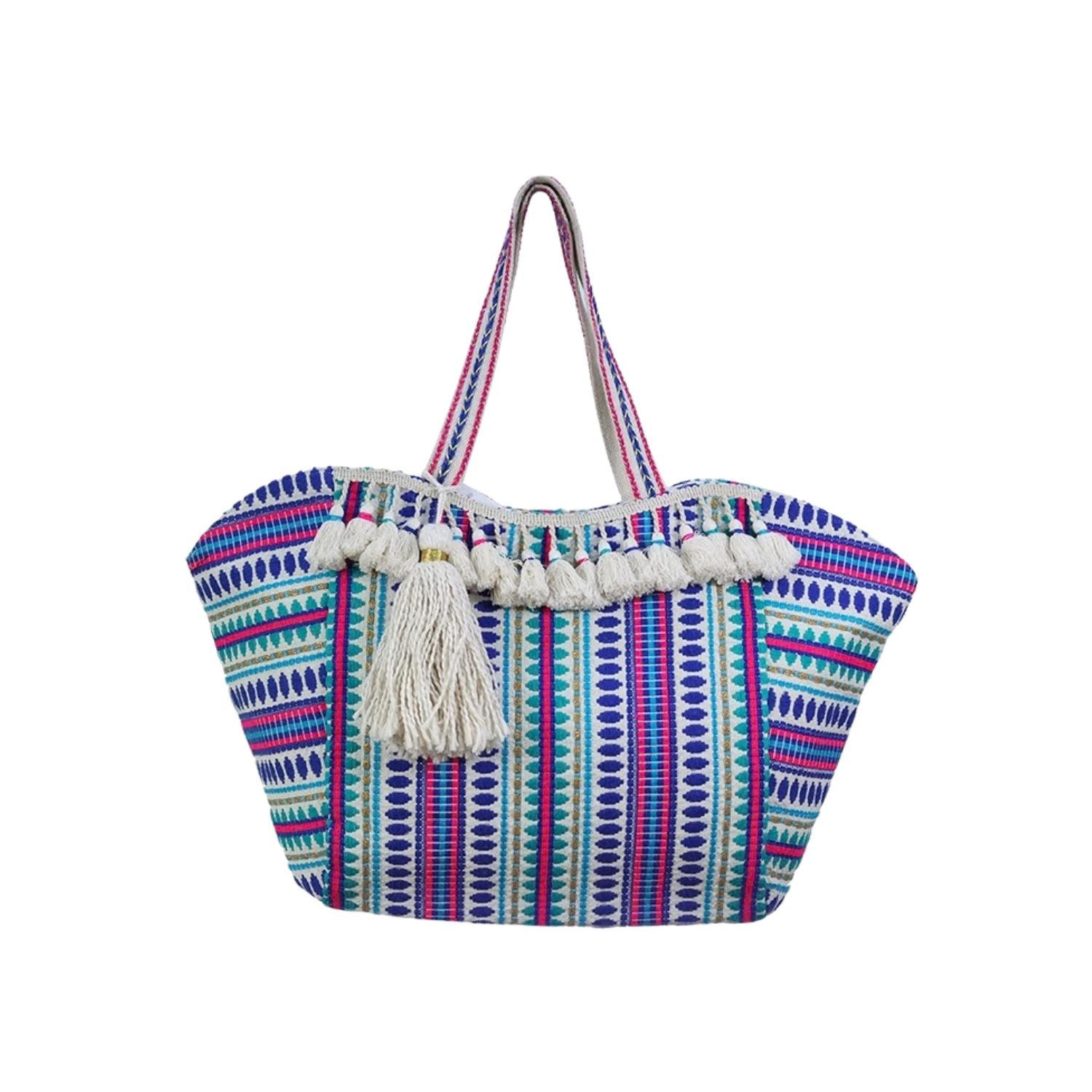 Colorful patterned tote bag with tassels 