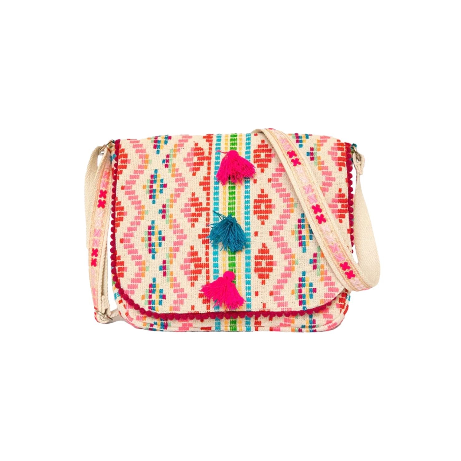 Colorful patterned crossbody bag with tassels 