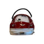 Red and white car-shaped handbag with a black handle 
