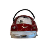 Red and white car-shaped handbag with a black handle 