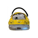 Yellow car-shaped handbag with a black handle 