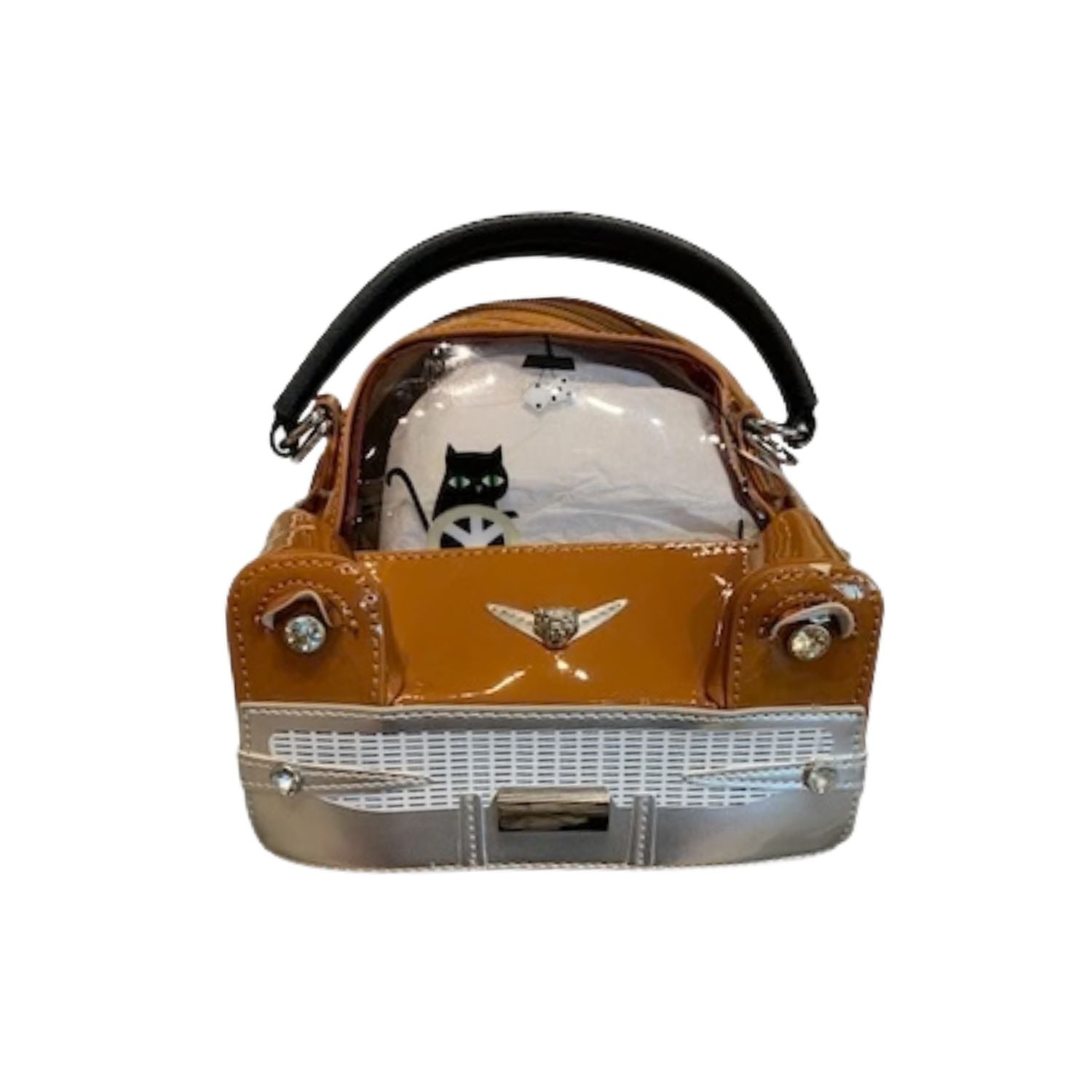 Copper car-shaped handbag with a black handle 
