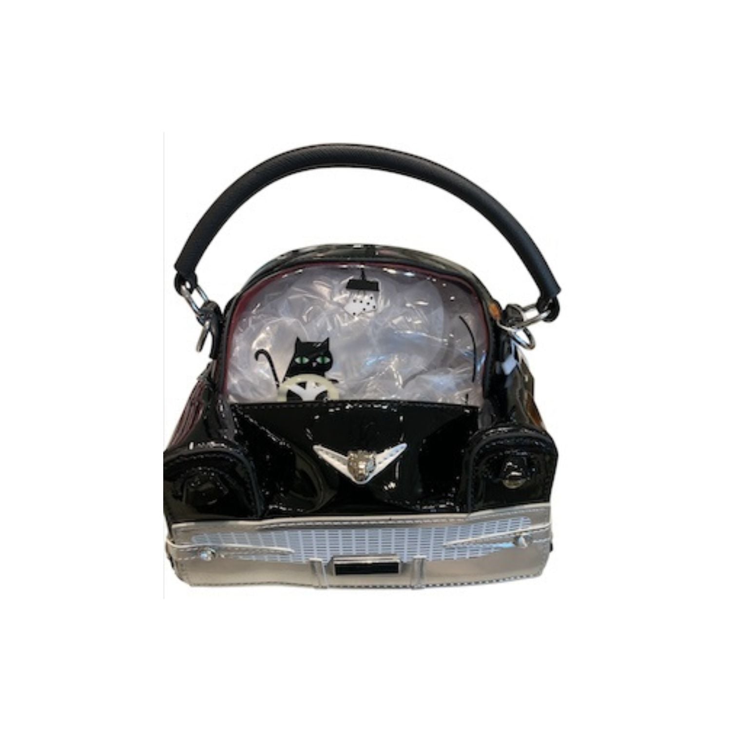 Black car-shaped handbag with a black handle 