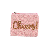 Pink beaded pouch with 'Cheers!' text 