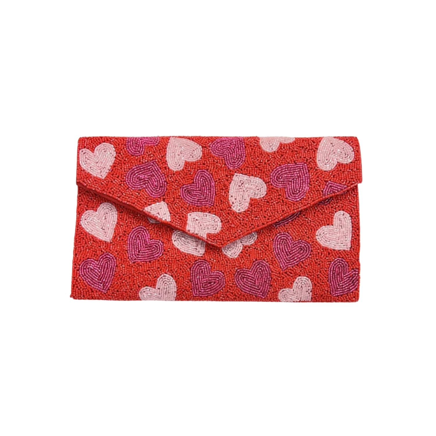 Red clutch bag with beaded heart pattern 