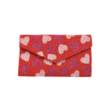 Red clutch bag with beaded heart pattern 