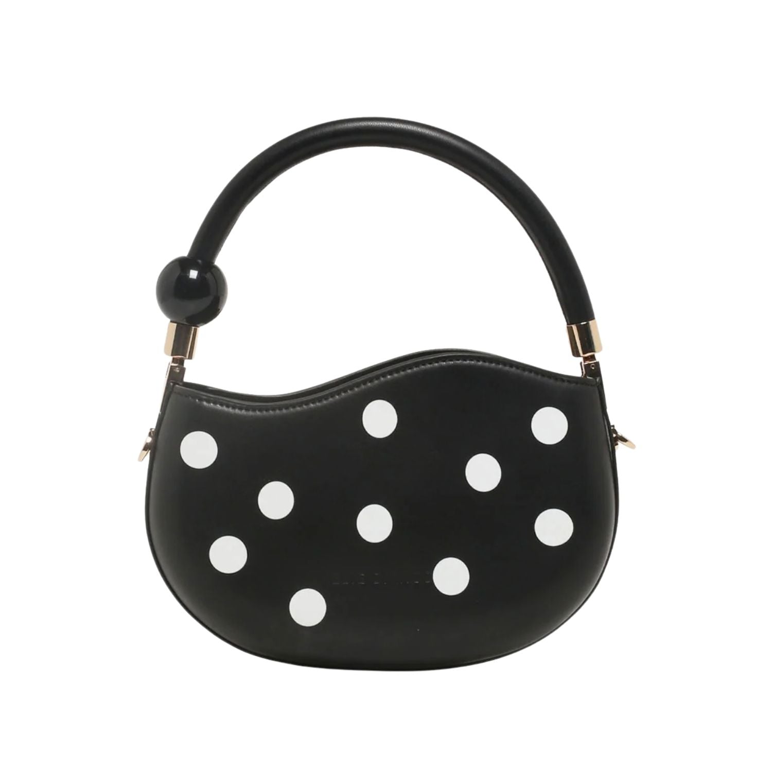 Black round handbag with white polka dots
