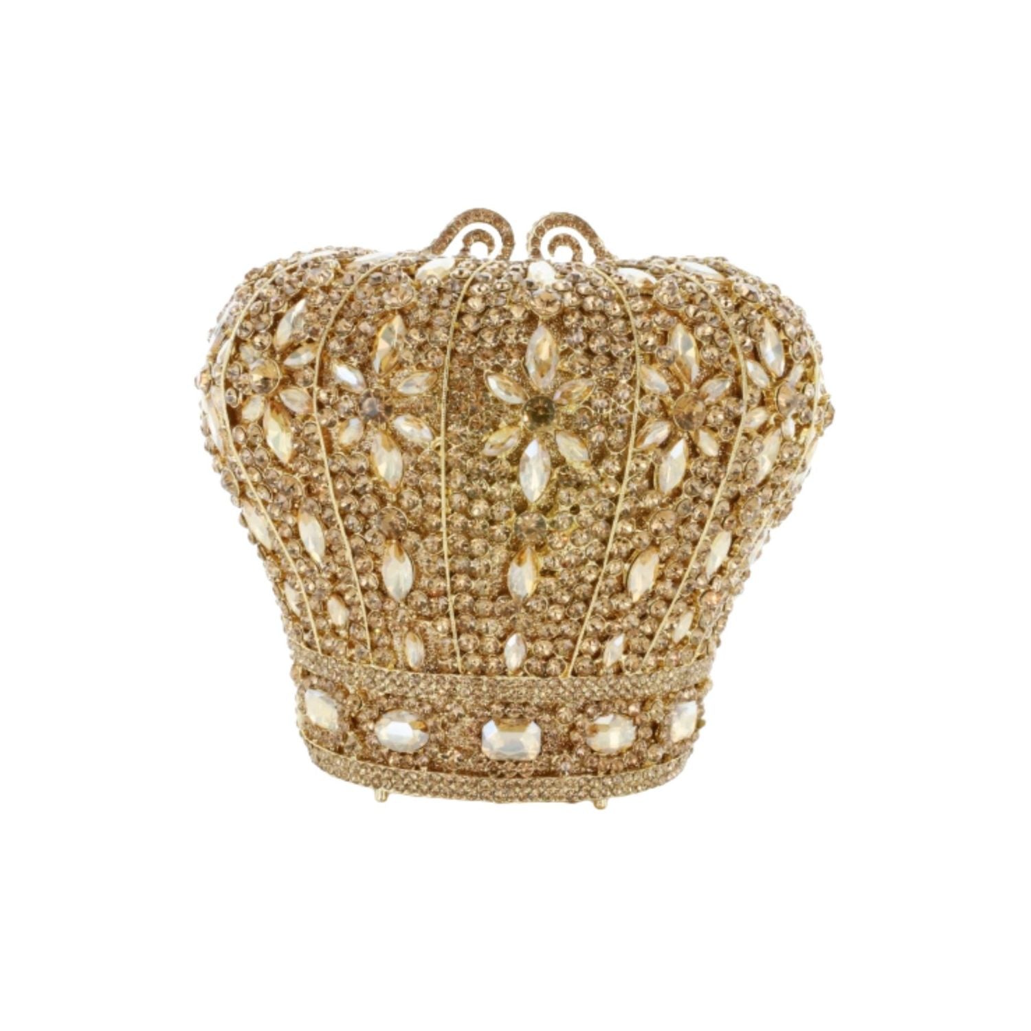 Gold crown-shaped clutch with pearl embellishments 