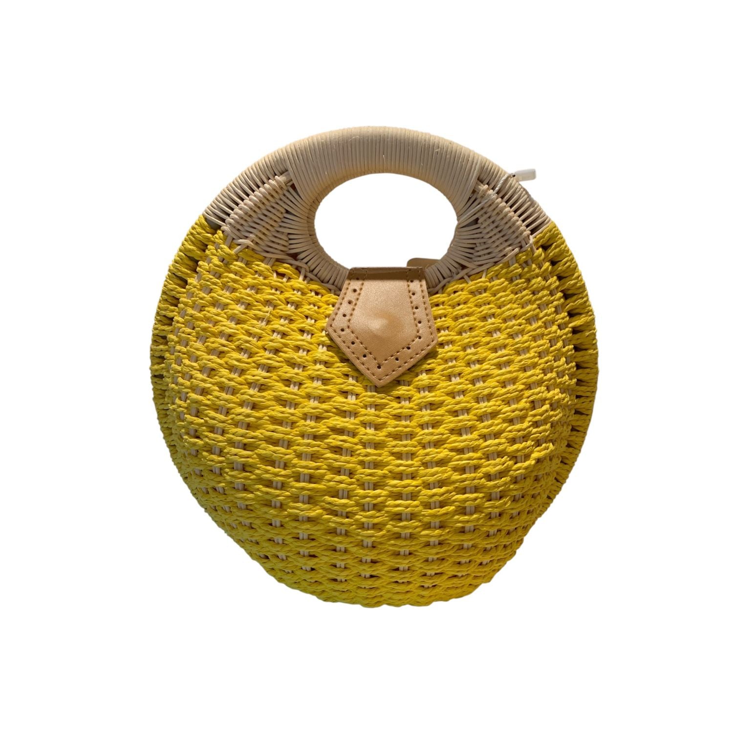 Yellow woven handbag with beige handle and fla