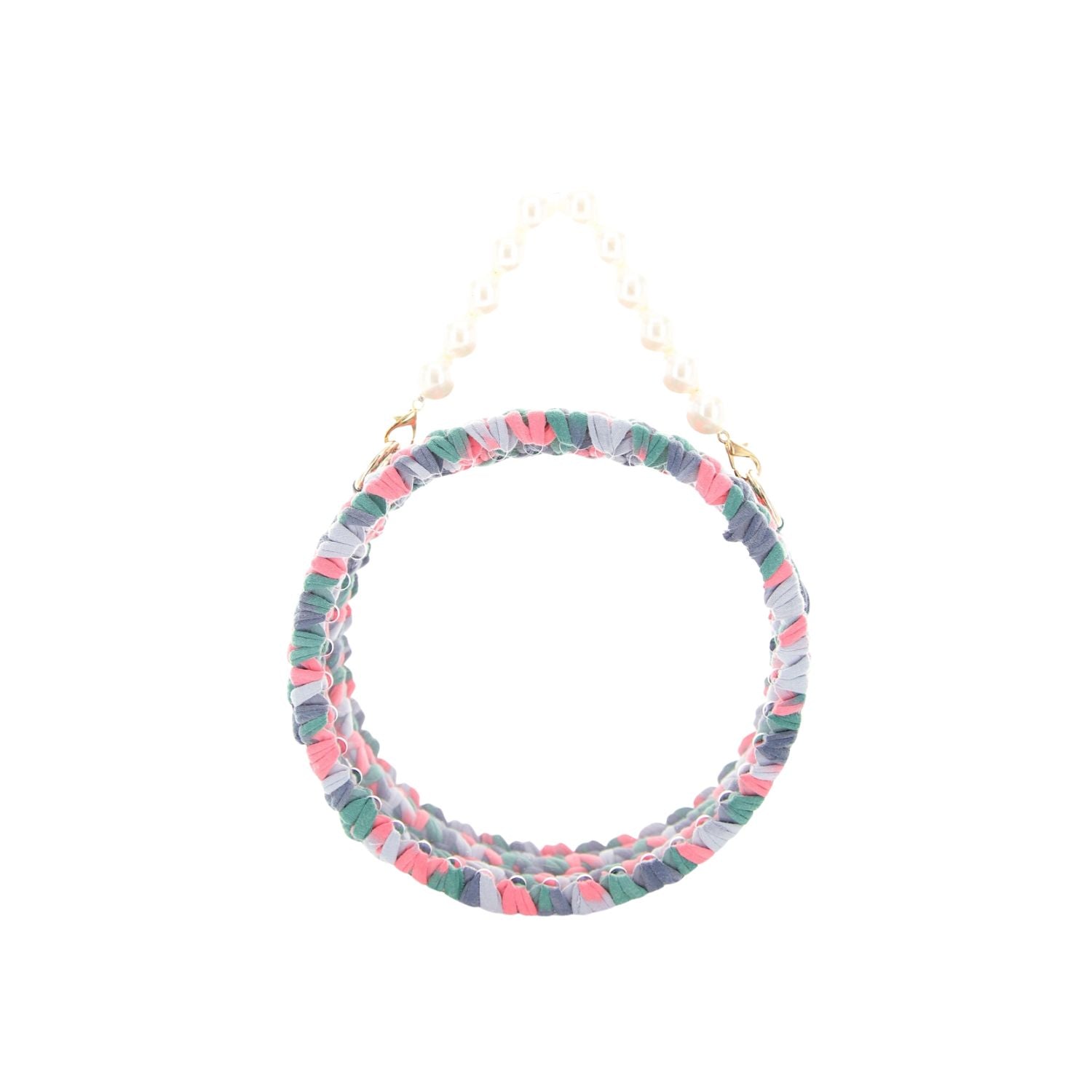 Multi-color woven textured bag with clear center and shoulder strap.