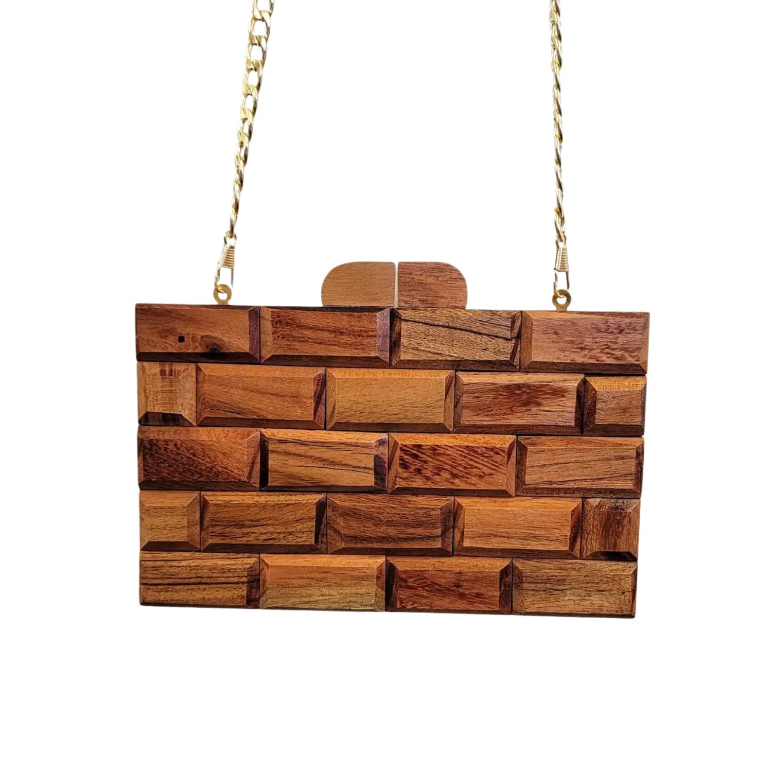 Wooden handbag with a gold chain strap 