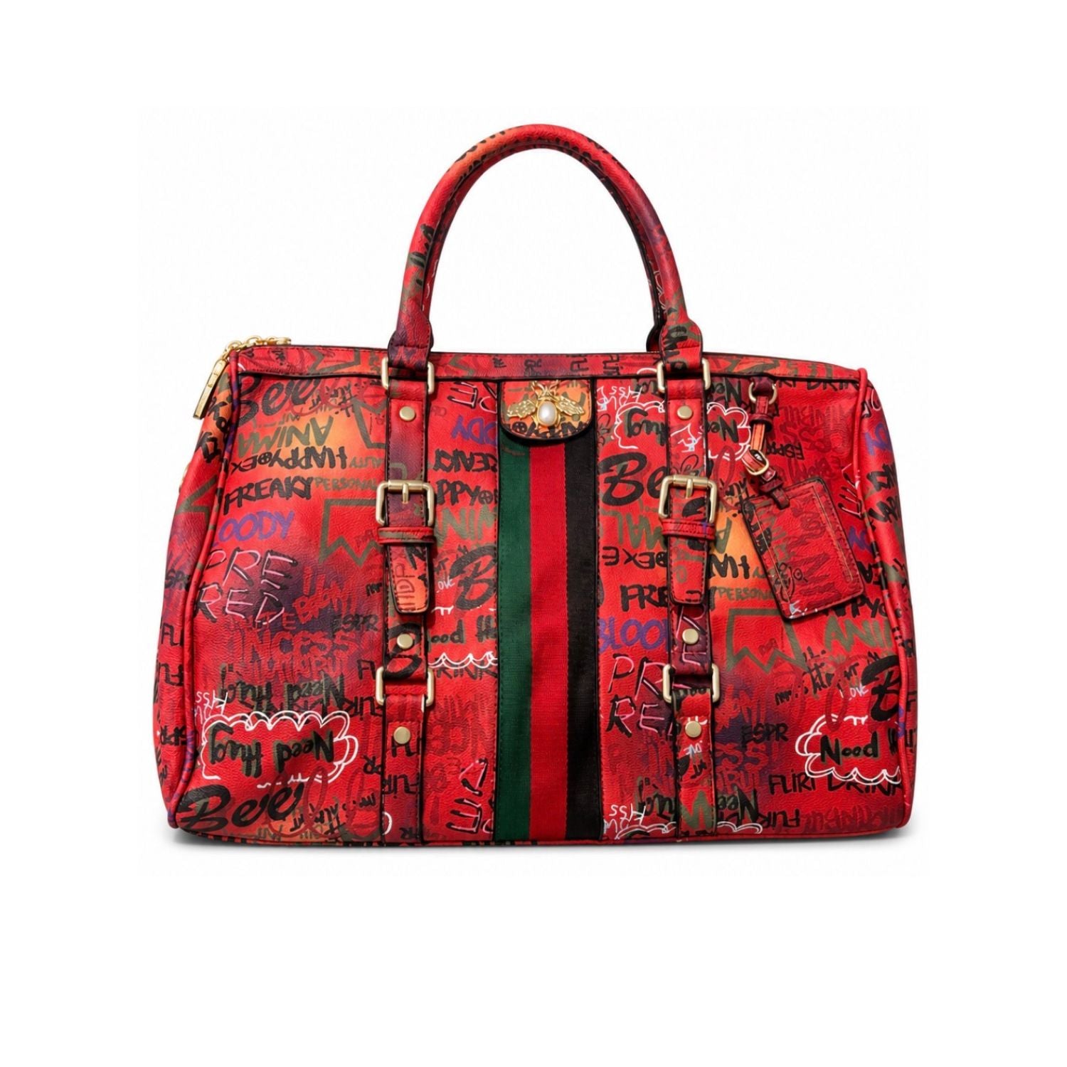 Red graffiti-patterned handbag with green and black accents 