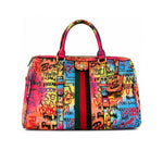 Multicolored handbag with graffiti-style text 