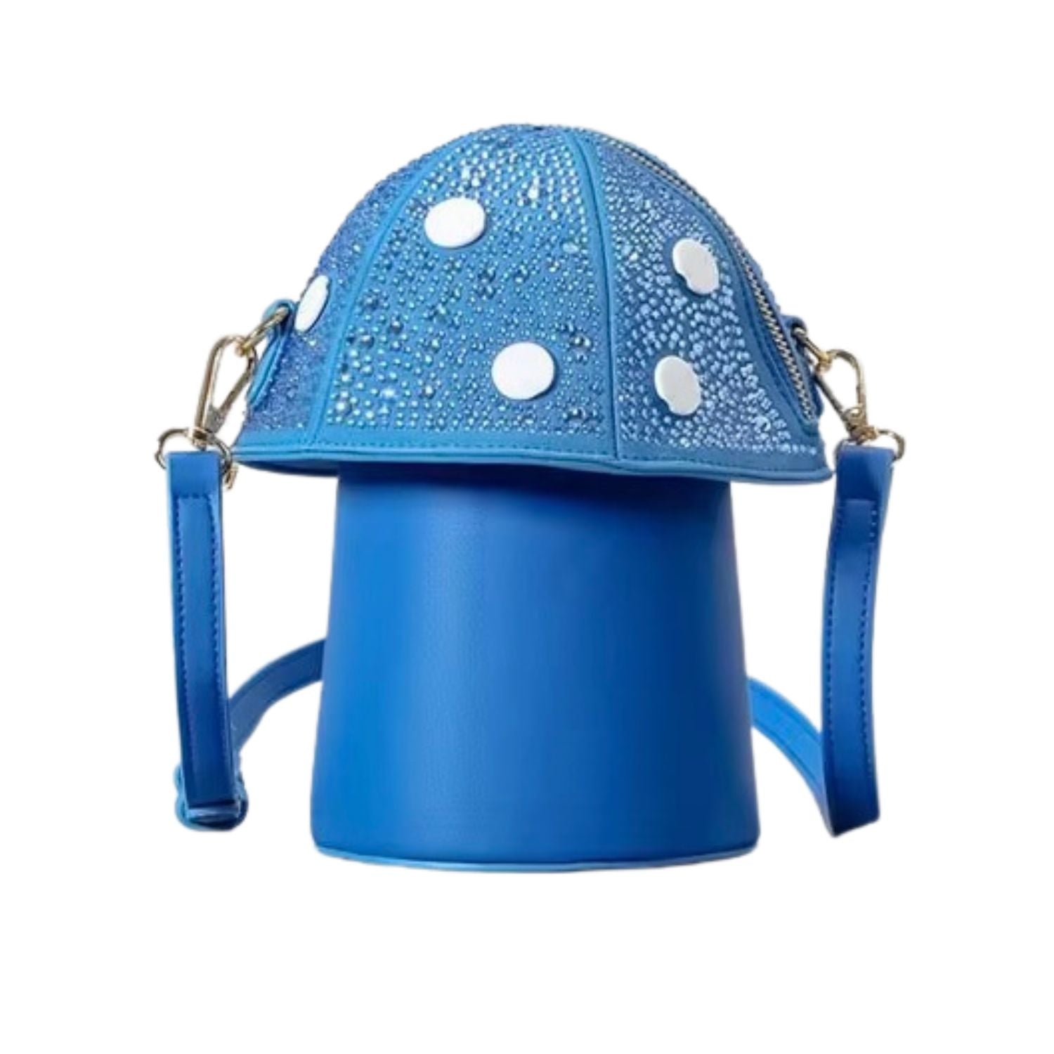 Blue mushroom handbag with polka dot design 