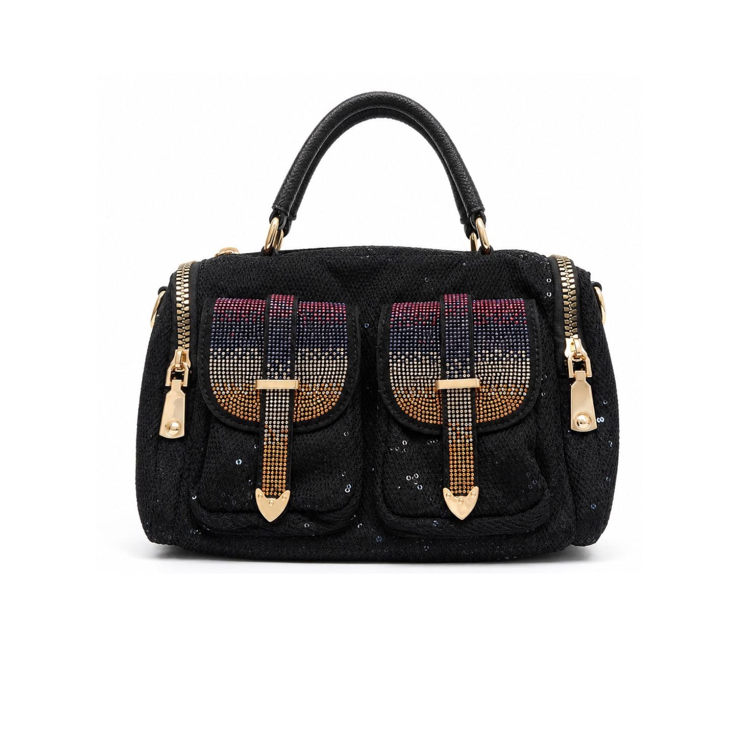 Black handbag with gold accents and decorative elements