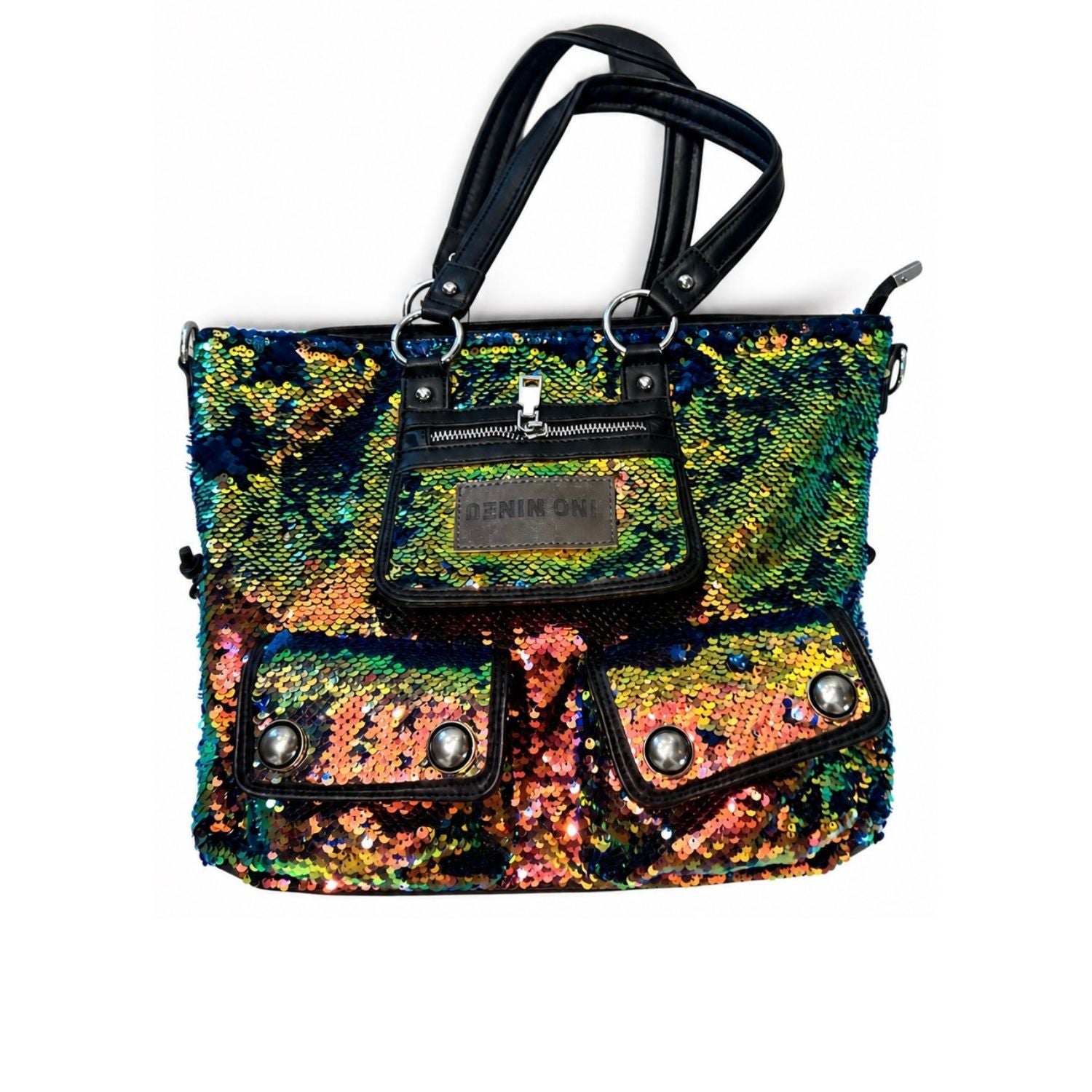 Multicolored sequin handbag with black accents