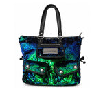 Blue and green sequin handbag with black accents