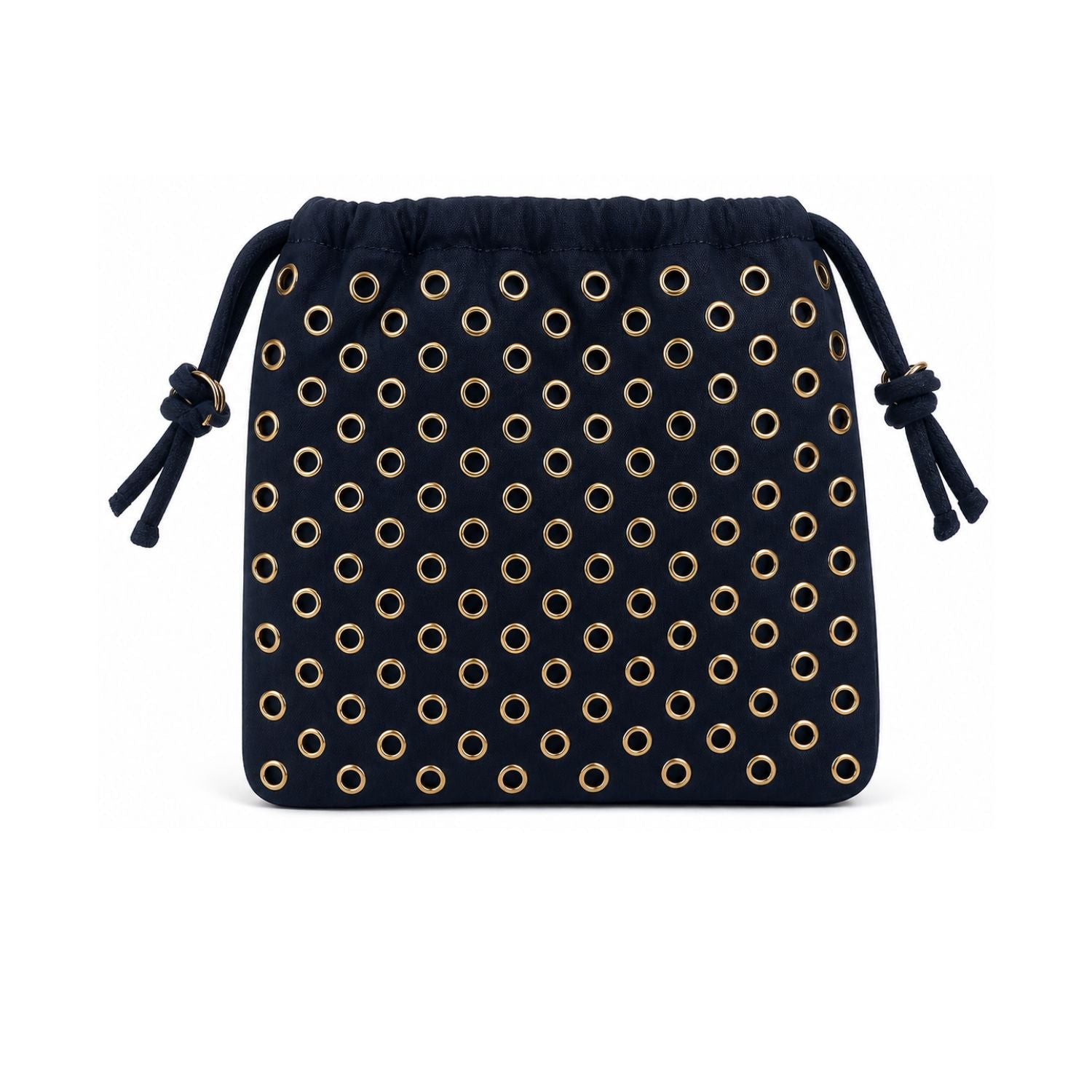 Navy blue drawstring pouch with gold rivet pattern 