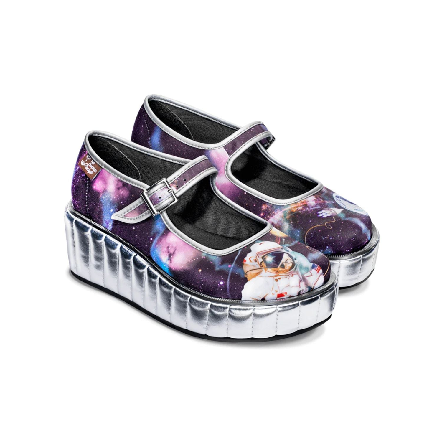Pair of purple mary jane platform shoes with space designs, and across the foot buckles