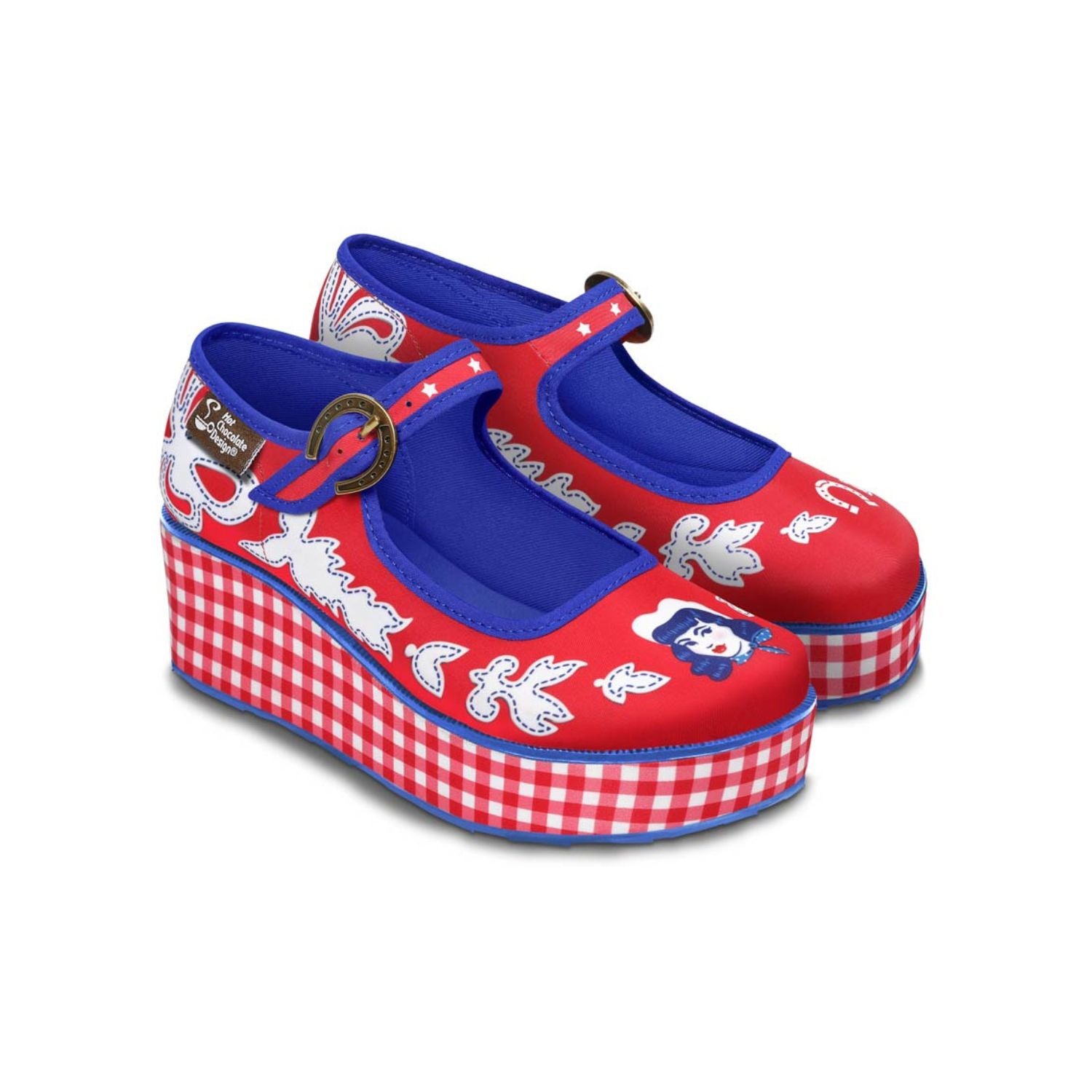A pair of red and blue checkered Mary Jane platform shoes with a printed fabric upper and a customizable buckle strap, featuring a non-marking rubber sole.