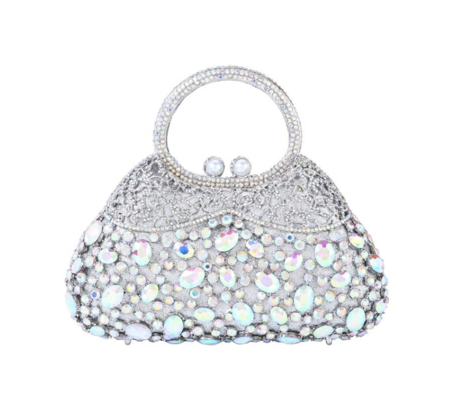Iridescent crystal embellished  evening bag with top handle and option drop-in chain