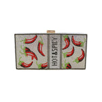red peppers on light silver background crystal embellished clutch with drop-in chain to wear as purse