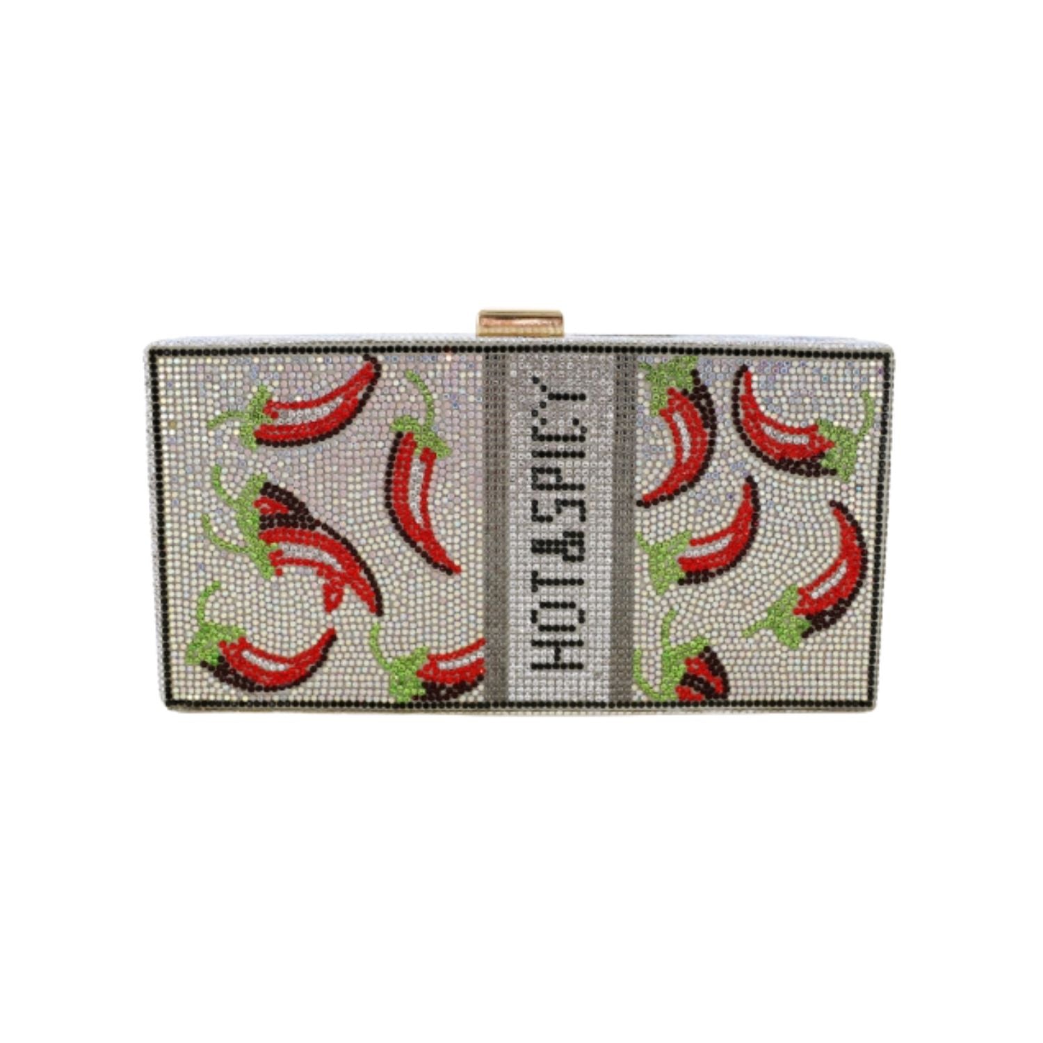 red peppers on light silver background crystal embellished clutch with drop-in chain to wear as purse